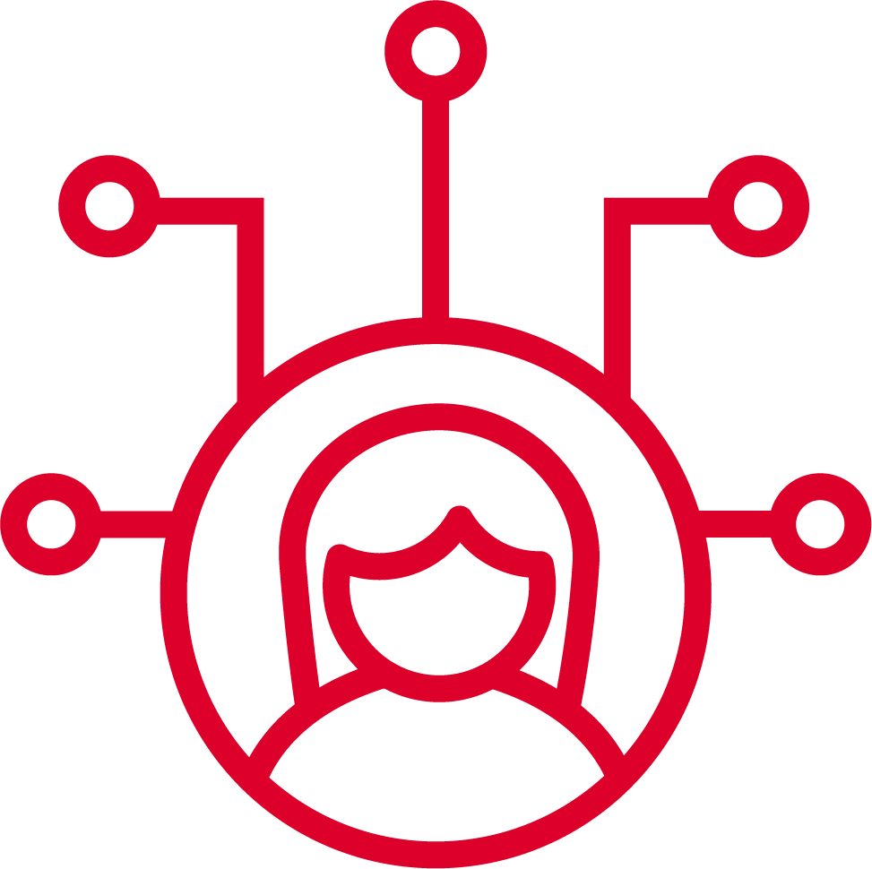 Red outline icon of a person’s head and shoulders inside a circle, with five lines radiating outward, each ending in a small circle, symbolising connectivity or network. The minimalistic design on a light grey background evokes themes central to GSMA Mobile for Development, emphasising digital inclusion and connected communities.