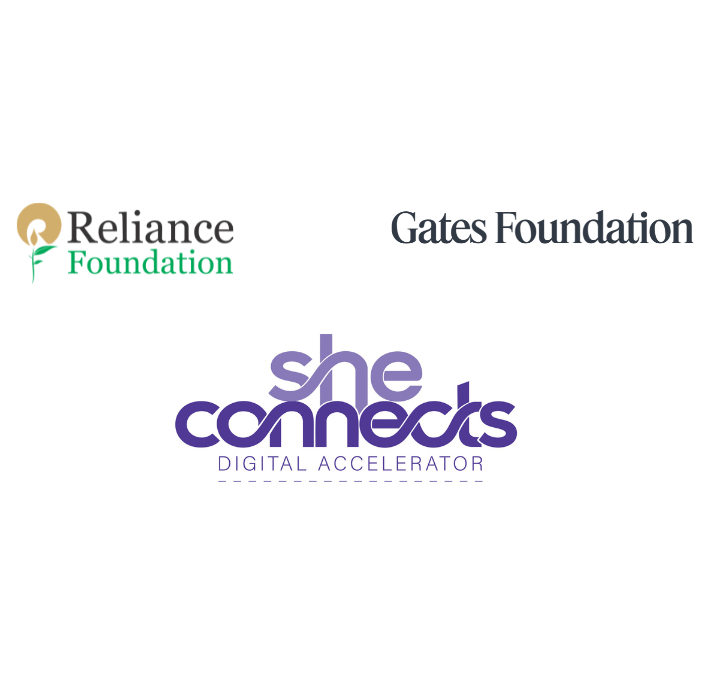 Three logos appear: Reliance Foundation (with a gold and green symbol and text), Gates Foundation (black text), and She Connects Digital Accelerator (purple, stylised text). All logos are set against a white background.