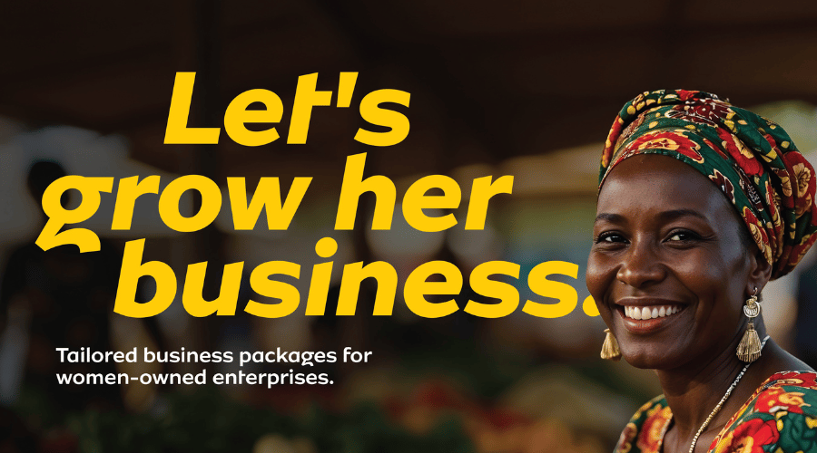 A smiling woman in vibrant, colourful clothing stands outdoors. Bold yellow text reads, “Let’s grow her business.” Smaller white text below says, “Tailoured business packages for women-owned enterprises with MTN Ghana Adwumapa.” The background is softly blurred, suggesting a market setting.