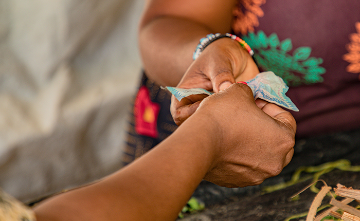 Close-up of two people’s hands exchanging currency. One hand holds out paper notes while the other receives them. The background is blurred, with hints of green leaves and patterned clothing visible. The focus is on the transaction between the hands.