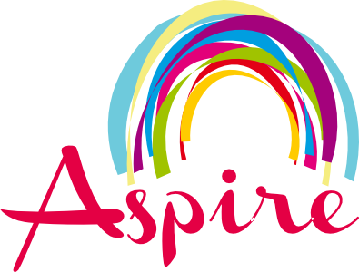 The word “Aspire” in pink script is below five overlapping arches in blue, teal, purple, yellow, and green, forming a colourful, semi-circular rainbow pattern above the text.