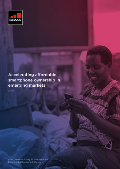 A woman sits outdoors, smiling as she uses a mobile phone, highlighting Handset Affordability. The image is tinted blue and pink. The GSMA logo is at the top left. The text reads: “Accelerating affordable mobile phone ownership in emerging markets. July 2017.”.