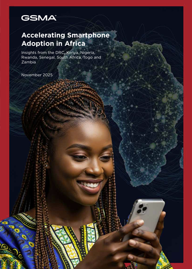 A smiling woman in a colourful patterned shirt looks at her mobile phone, highlighting handset affordability as key to connectivity. Behind her, a dark map of Africa with glowing blue network lines is visible. The cover text reads: “Accelerating Smartphone Adoption in Africa” with additional details above.