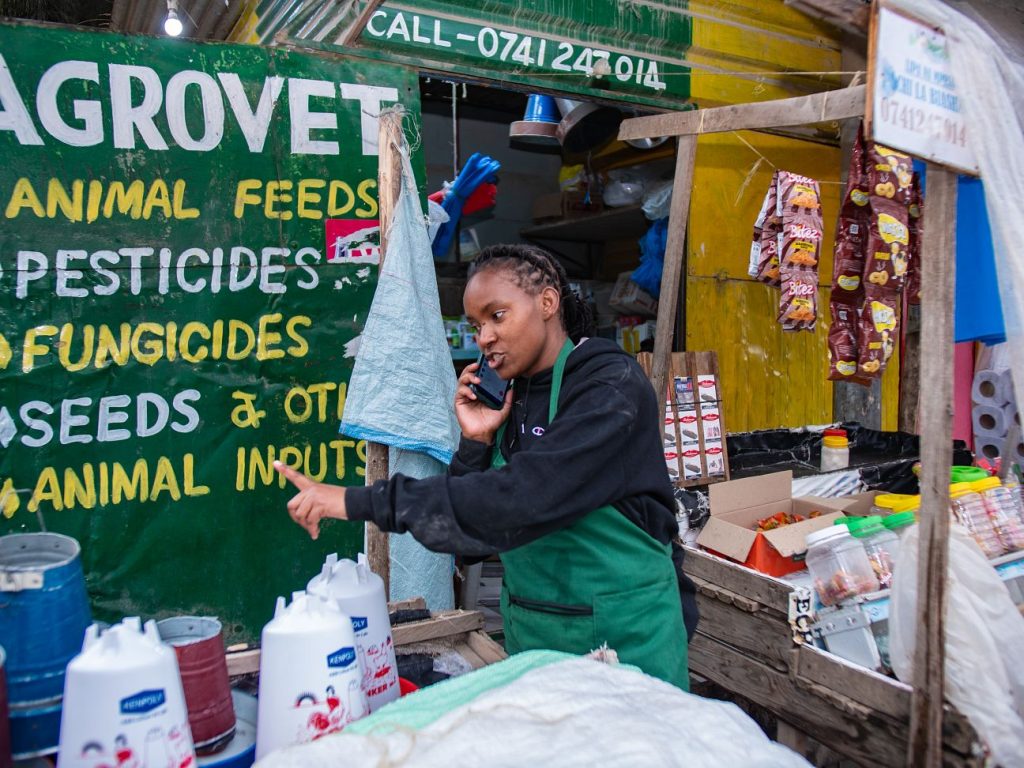 A woman in a green apron speaks on a mobile phone behind a counter at an outdoor market stall selling animal feed and pesticides, with colourful products displayed and a large green and yellow sign listing “Agrovet,” animal feeds, seeds, and pesticides.
