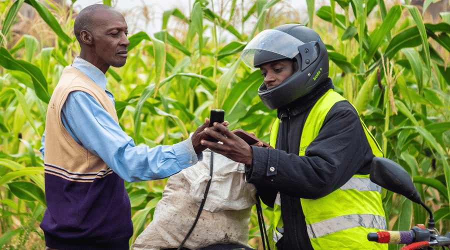 Two men stand by tall green maize plants. One, in a blue shirt and beige jumper, hands a mobile to the other, who wears a black jacket, high-visibility vest, and helmet. The second man sits on a motorbike with a large white sack.