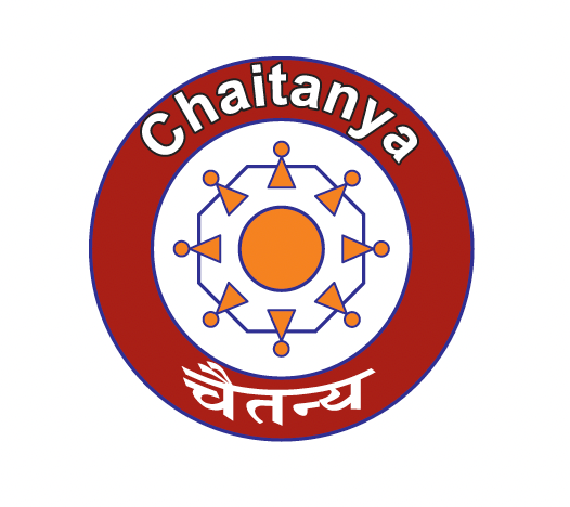 A circular logo with “Chaitanya” in white letters atop a red border. Inside, an orange circle is surrounded by orange triangles and dots. At the bottom, “चैतन्य” is written in white Devanagari script.