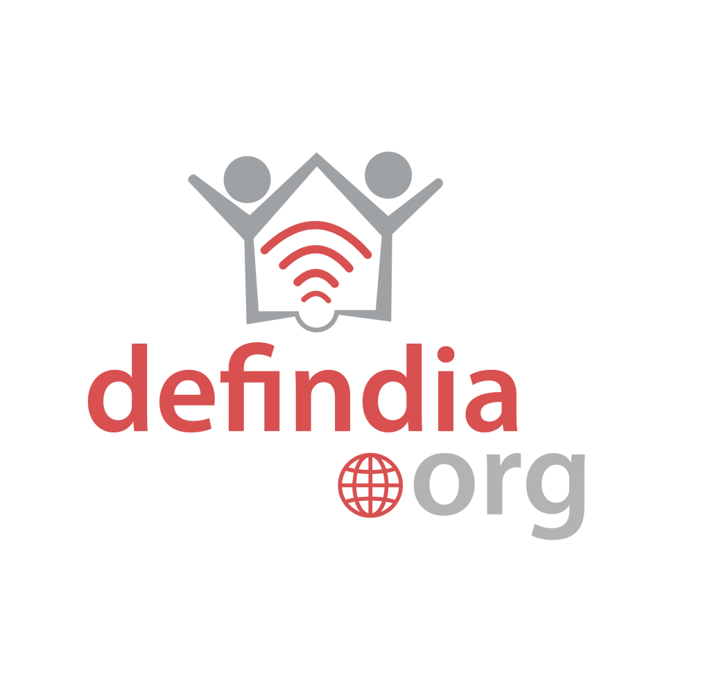 Logo with two abstract human figures forming a house shape above a Wi-Fi symbol. Below, “defindia” is written in red, “org” in grey with a red globe icon replacing the “o.” Background is white.