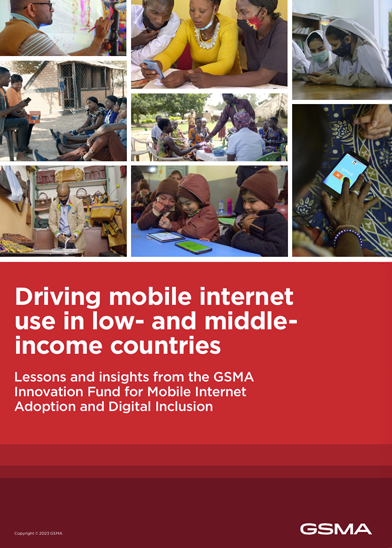 Collage of diverse people in low- and middle-income countries using mobile devices, such as smartphones and tablets, in everyday settings—emphasising the importance of handset affordability in expanding access. The lower section has a red overlay with the report title: “Driving mobile internet use in low- and middle-income countries.”.