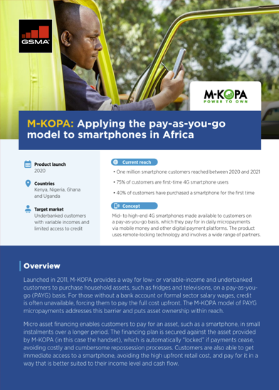 A tablet displays the M-KOPA site. Text reads, “M-KOPA: Applying pay-as-you-go model to smartphones in Africa” with stats highlighting handset affordability: 1M smartphones sold, coverage in Kenya, Nigeria, Ghana, Uganda, 75% of customers outside cities, and 40% of sales via mobile money.