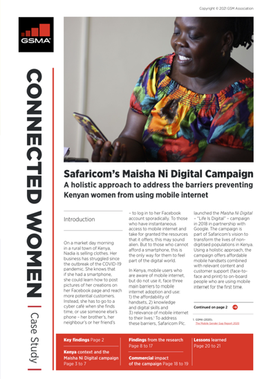 A case study cover page titled “Safaricom’s Maisha Ni Digital Campaign” with text, GSMA and Connected Women logos, and an image of a smiling woman using a smartphone and laptop at a kitchen counter—highlighting the theme of handset affordability. Section headings and summary points appear in red boxes.