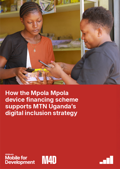 Two women stand at a shop counter; one uses a mobile, the other holds a small box—perhaps discussing handset affordability. Shelves with goods fill the background. The lower section of the image is red with white text about MTN Uganda’s digital inclusion strategy and GSMA Mobile for Development.