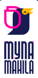 A stylised logo featuring a pink “M” and yellow bird combined with a navy “M.” Below, bold navy text reads “MYNA MAHILA.” The design uses geometric shapes and contrasts bright pink and yellow with dark blue.