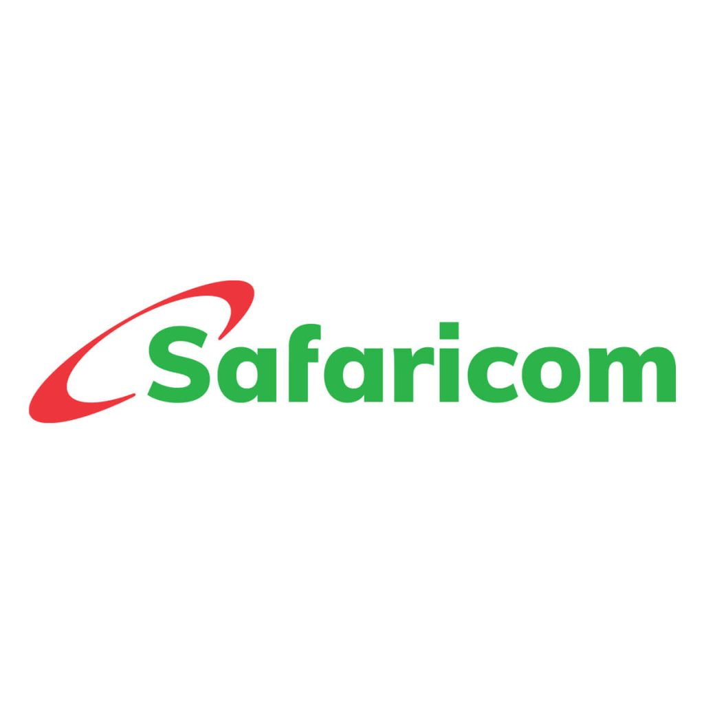 The image shows the Safaricom logo. The word “Safaricom” is written in bold green letters, with a red swoosh curving over the “S” at the beginning. The background is plain white.