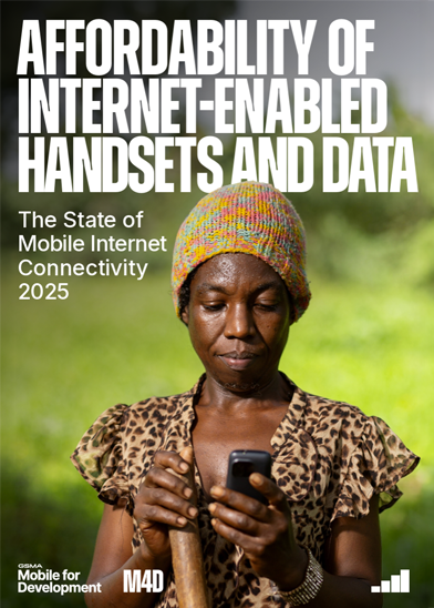 A woman in a colourful knitted hat looks at her mobile outdoors, with greenery in the background. Large white text reads, “Handset Affordability and Internet-Enabled Devices: The State of Mobile Internet Connectivity 2025.” Logos appear at the bottom.
