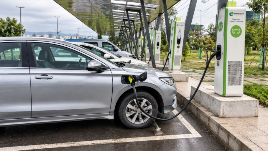 A silver electric car is parked at an outdoor charging station, connected by a black cable to a white pillar branded with the Ethio Telecom logo. Several other vehicles are lined up under a long, metal-roofed shelter in a paved car park.