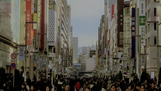 Crowded street in a city with numerous pedestrians and dense signage on the buildings at dusk.