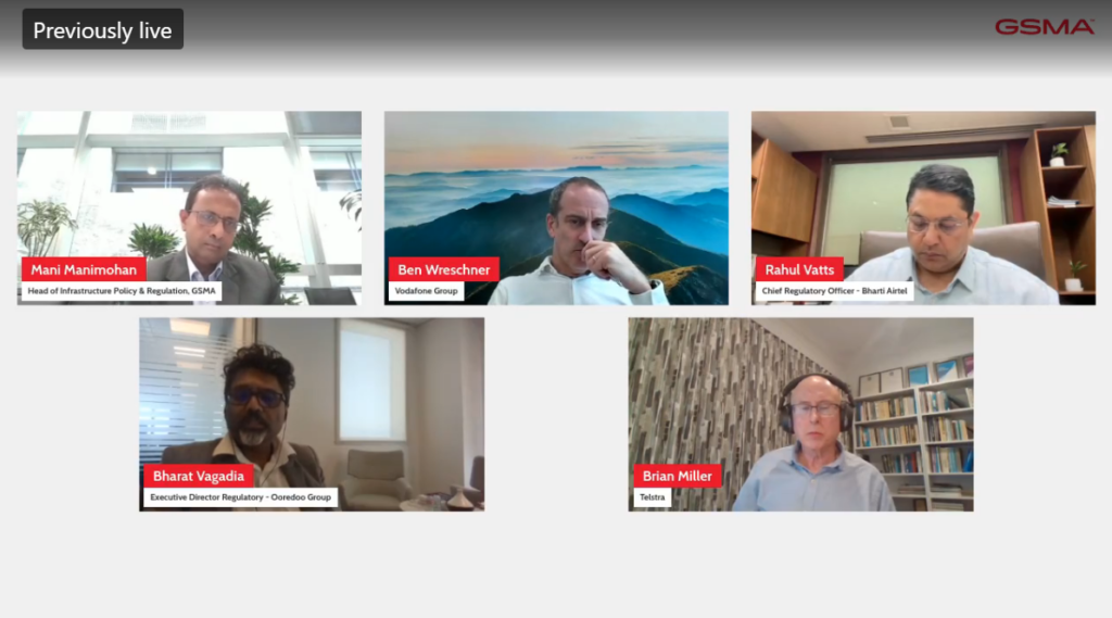 A virtual panel discussion on Digital Infrastructure Policy with five men in separate video call frames. Each nameplate shows their name, role, and company. "Previously live" appears at the top left, with the red GSMA logo at the top right.