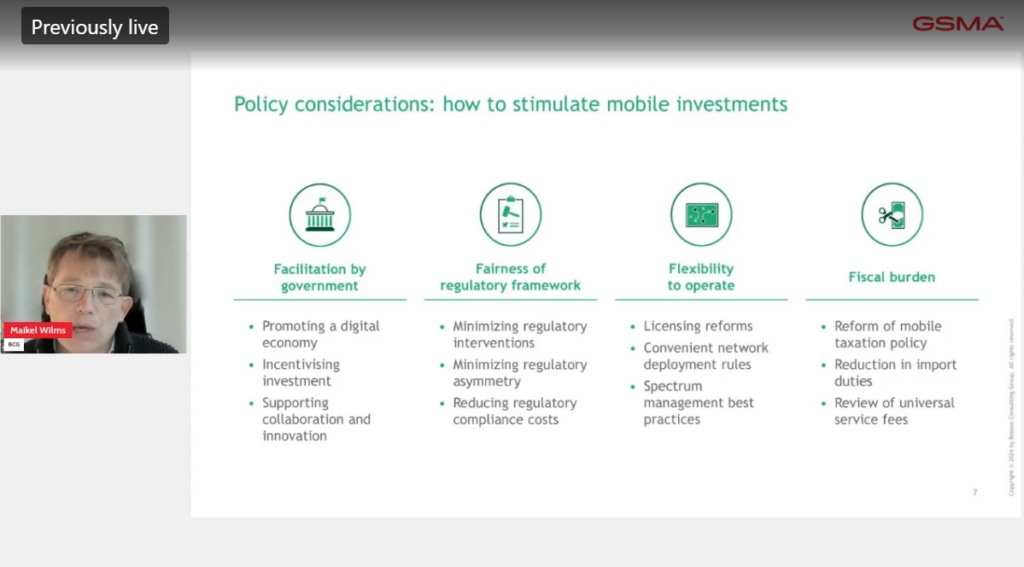 A slide titled "Policy considerations: how to stimulate mobile investments" lists four factors—government facilitation, fairness of regulation, operational flexibility, and fiscal burden—key elements in crafting effective Digital Infrastructure Policy. A person speaks via video in the lower left corner.