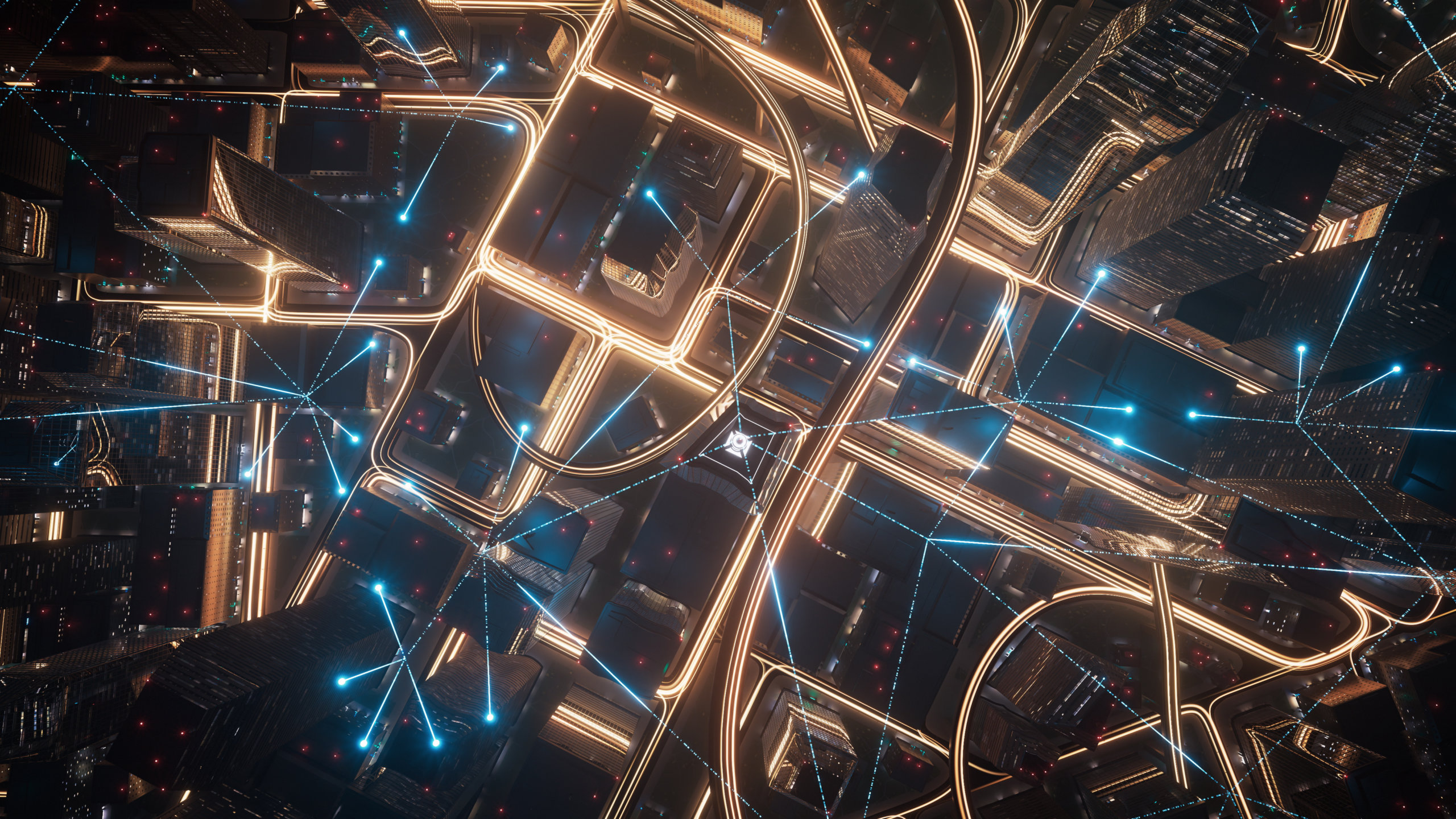 A futuristic cityscape at night viewed from above, featuring illuminated streets and buildings with interconnected glowing lines and nodes in blue and orange tones, giving a cyberpunk aesthetic.
