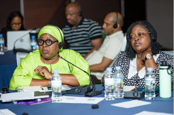 Two women sit at a conference table, one in a bright green outfit and headscarf, the other in a black and white blouse. They look attentive. Notebooks, microphones, and water bottles are on the table. Other participants with headphones are visible in the background.