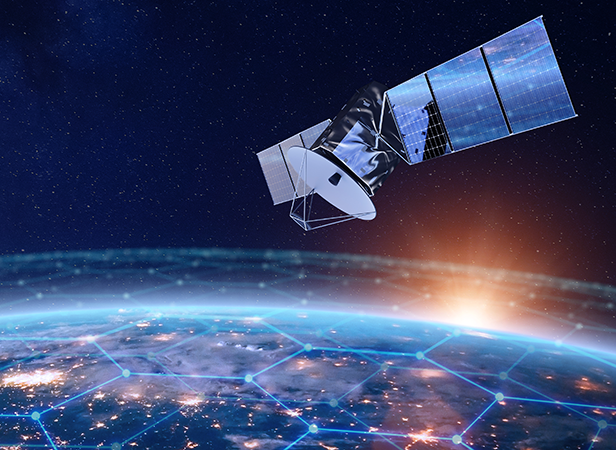 A satellite, symbolizing satellite policy, orbits Earth with network lines across the surface as the sun rises in the background.