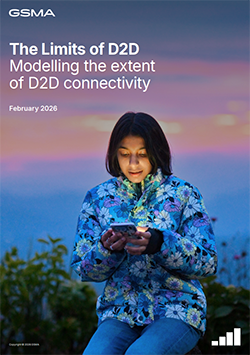 A woman in a blue floral jacket uses her phone outdoors at sunset; text reads "The Limits of D2D and Satellite Policy.