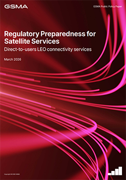 Cover of a GSMA report on regulatory preparedness and satellite policy for satellite services, featuring abstract pink lines on a red background.