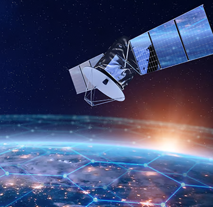 A satellite orbits above Earth with a sunrise and digital network lines visible on the planet’s surface, symbolizing advancements in satellite policy and global connectivity.