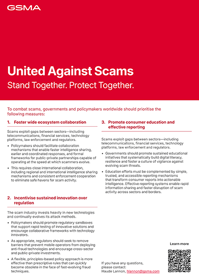 Poster titled "United Against Scams" highlights three key measures to fight scams, helping you stay protected. Includes logos and contact details at the bottom for further assistance.