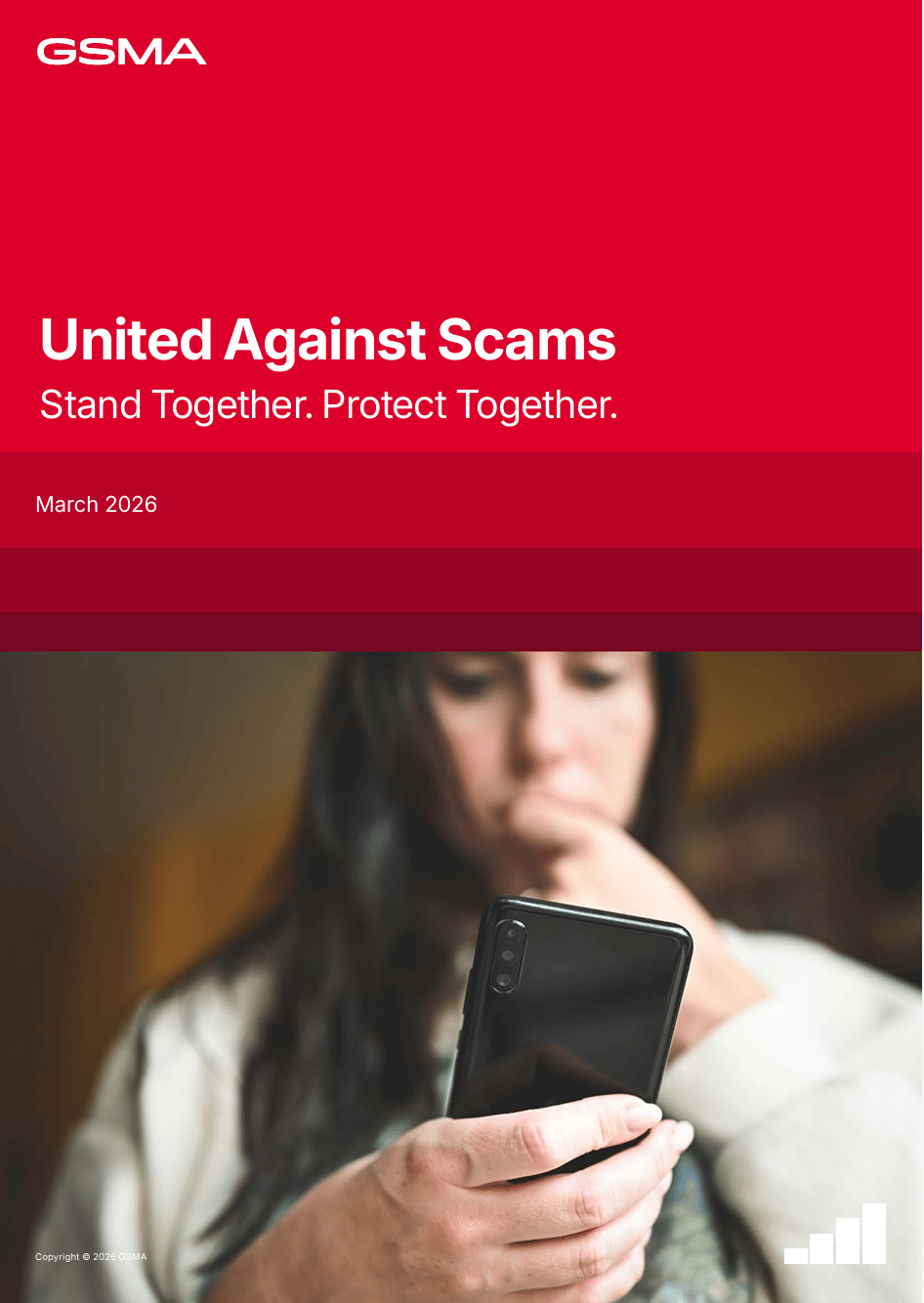 A person looks at a smartphone with concern; text reads "United Against Scams. Stand Together. Protect Against Scams Together.