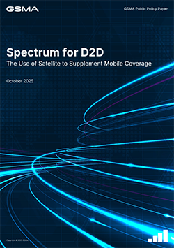 Cover of a GSMA report titled "Spectrum for D2D" with blue digital lines on a dark background, highlighting insights on spectrum and satellite policy.