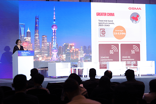 A woman speaks at a podium on stage with an MWC sign during the Policy Leaders Forum Shanghai. Behind her, a large screen displays a cityscape and a slide on 5G spectrum needs in Greater China, highlighting key bands and 2040 connection stats as the audience watches.