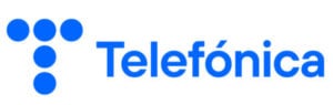Logo of Telefónica featuring a stylized "T" made from six blue dots arranged with three dots forming a vertical line on the left and three forming a right angle. The word "Telefónica" is written in blue, modern sans-serif font to the right of the design.