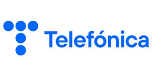 The image shows the Telefónica logo, featuring a stylized letter "T" composed of three blue dots arranged vertically on the left and a larger blue dot beneath. Next to it is the word "Telefónica" in bold blue letters. The background is white.