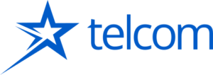 A blue logo features a stylized five-pointed star with sharp, angular lines. To the right of the star, the word "telcom" is written in lowercase blue letters. The design is sleek and modern, conveying a sense of connectivity and technology.