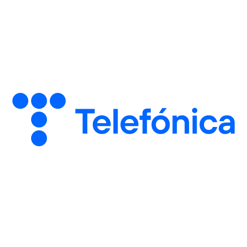 The image shows the Telefónica logo, featuring a stylized "T" formed by seven blue dots arranged in a T-shape. To the right, the word "Telefónica" is written in blue, using a modern, sans-serif font. The background is plain white.
