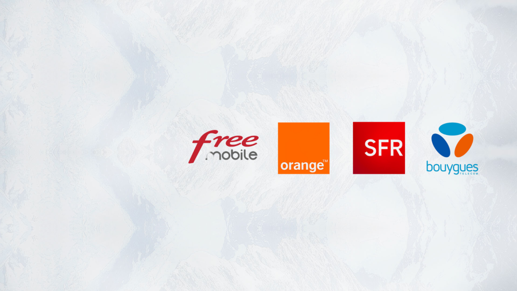 Four logos of French mobile operators—Free (in red and grey cursive text), Orange (white text on an orange square), SFR (white text on a red square), and Bouygues Telecom (blue and orange abstract shapes)—on a pale, textured background.