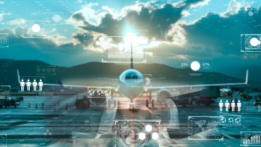 A passenger airplane is parked on a runway at sunset, with mountains in the background. Digital data graphics and charts are superimposed over the scene, representing technology, analytics, and modern aviation concepts.