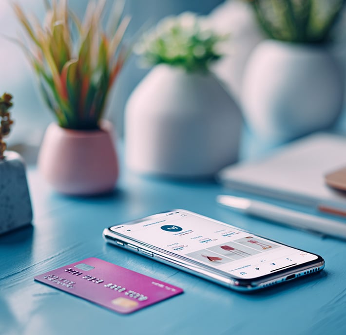 A smartphone displaying an online banking app rests on a blue table beside a purple credit card. Blurred potted plants and office supplies are in the background, creating a modern and organized workspace atmosphere.
