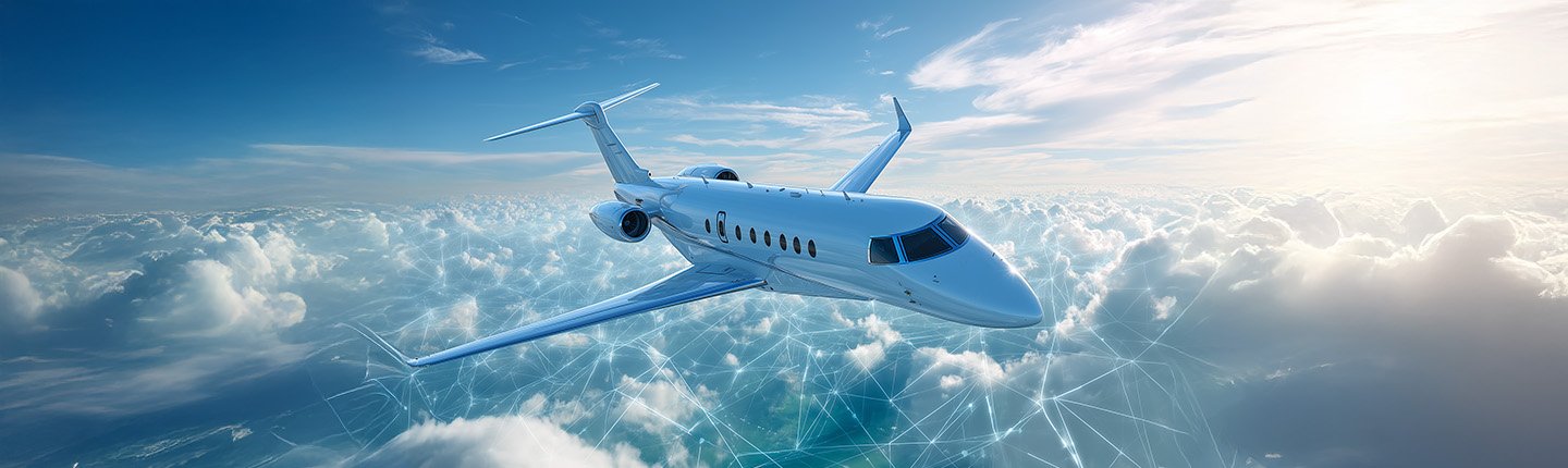 A sleek white private jet flies above fluffy white clouds, with a digital grid pattern overlaid on the sky below, suggesting advanced technology or connectivity. The sun glows brightly in the background, illuminating the aircraft and clouds.