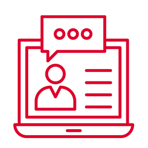 Red line drawing of a laptop with an outline of a person on the screen, three horizontal lines next to them, and a speech bubble with three dots above their head, symbolizing online communication or a virtual meeting.