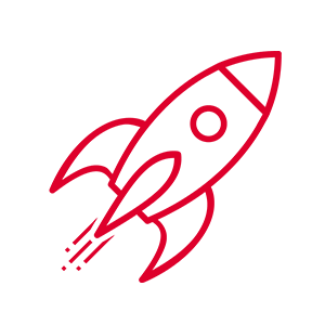 A simple red line drawing of a rocket ship with three fins and a circular window, angled upward to the right. The rocket emits lines and dots from its base, representing thrust, on a plain light gray background.