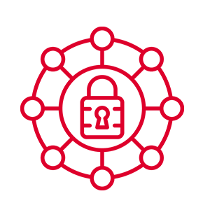 A red outline of a padlock is centered within a circle, surrounded by eight connected nodes, symbolizing online security, protection, or network safety on a light gray background.