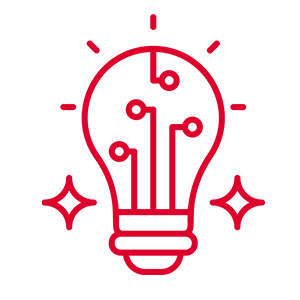 A red line drawing of a lightbulb with circuit-like lines inside, symbolizing technology or innovation. Two sparkles appear on either side of the bulb, and short lines radiate from its top, suggesting brightness or creativity. The background is light gray.