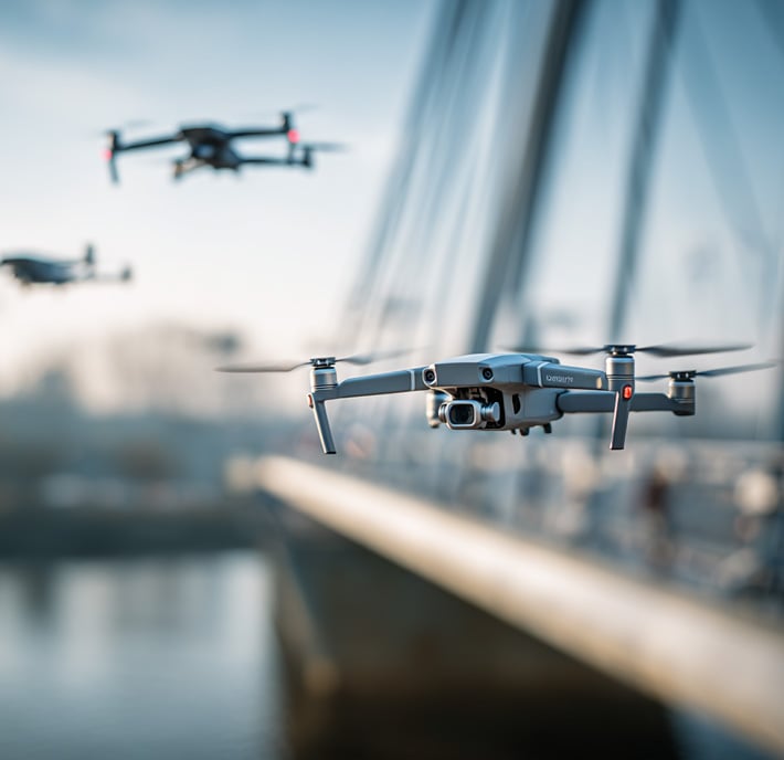 Three drones fly near a modern bridge over water. The closest drone, equipped with camera and rotor arms, is in sharp focus, while two others appear further away—demonstrating how mobile network APIs for drones enable advanced aerial coordination.