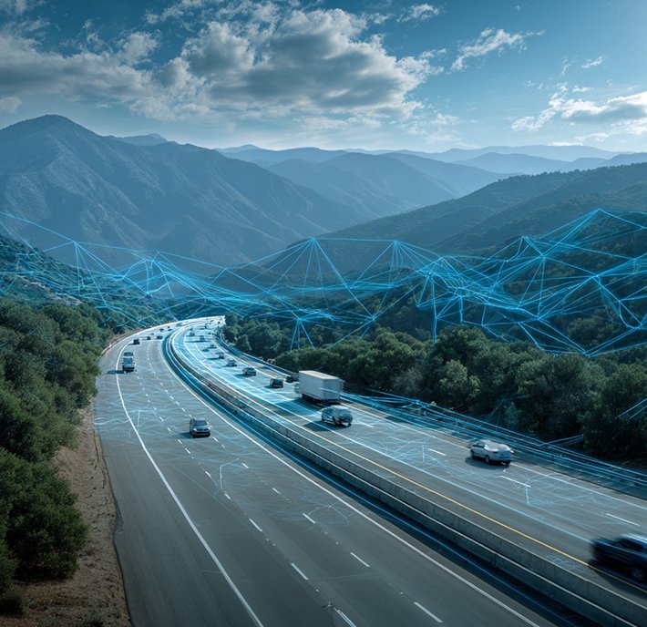 Cars and a truck drive on a highway winding through green hills with mountains in the background. Blue digital network lines overlay the scene, evoking smart technology, data flow, or financial services APIs connecting autonomous vehicles with their environment.