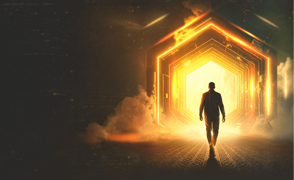 A person in a suit walks toward a glowing, geometric portal framed with bright yellow light and swirling mist, set against a dark background. The illuminated scene evokes a dramatic, futuristic world powered by advanced Network APIs.