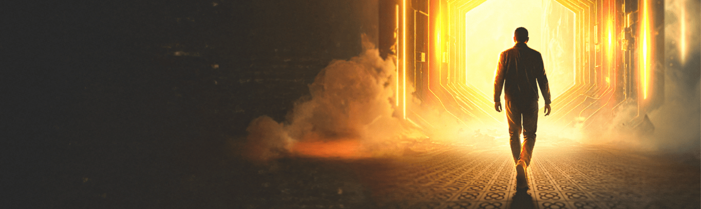 A person in a suit walks towards a glowing, hexagonal doorway filled with bright yellow light. Smoke and shadows fill the corridor behind them, creating a mysterious atmosphere—like stepping through Network APIs into a realm of discovery.