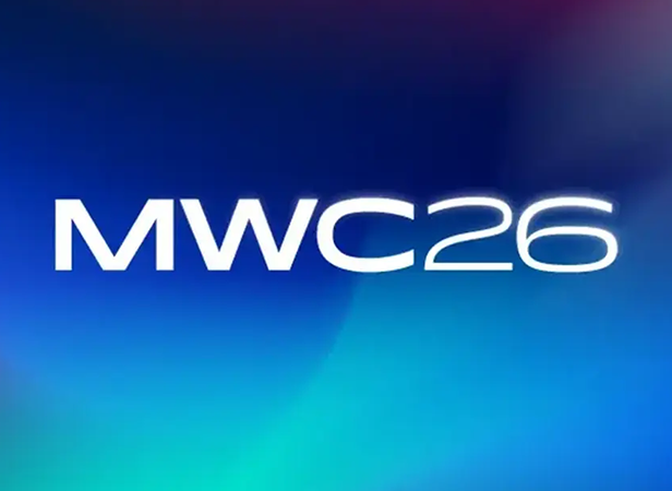 White text reading “MWC26” is centered on a gradient background that transitions from deep blue and turquoise at the bottom to dark purple and pink at the top. The image has a modern, digital feel, likely representing an event or conference.