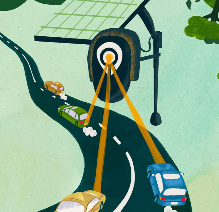 Illustration of a solar-powered traffic camera monitoring cars on a curvy road with orange detection beams.